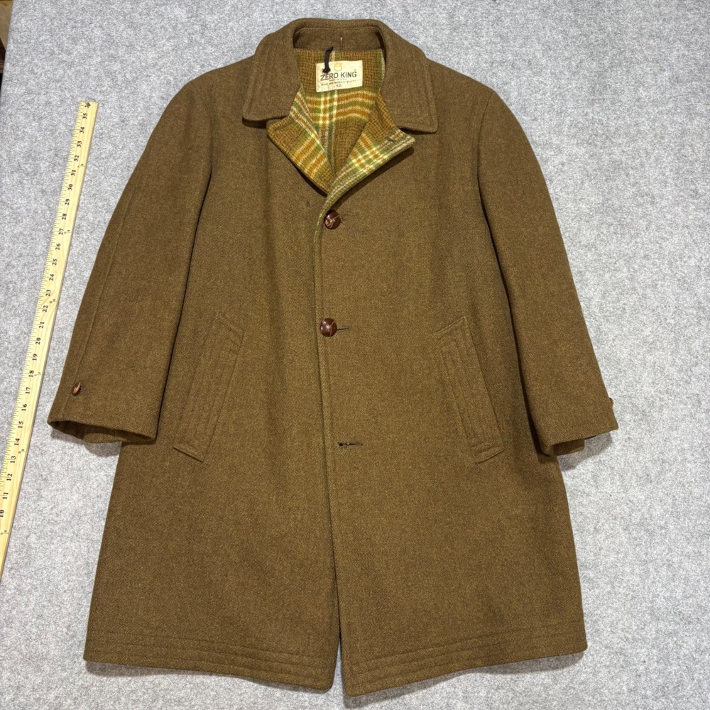 Zero King Vintage Mens Brown Wool Plaid Lined Car Coat Made in USA Size 42